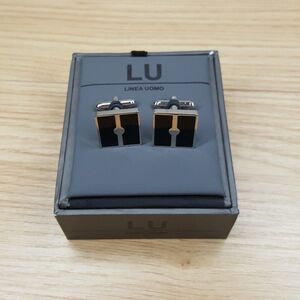 LINEA UOMO Mens Silver Black Enamel Square Cufflink Cuff Links